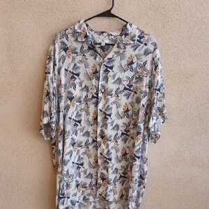 "Open to Offers" Dip White and Blue Casual Button Down Shirt with Floral Pattern